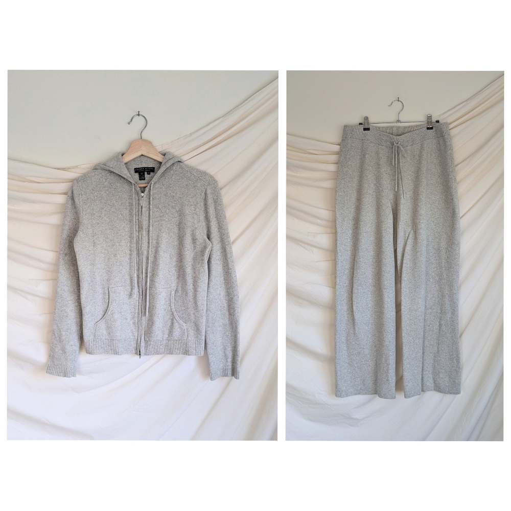 Vtg Ralph Lauren Grey Cashmere Knit Zip Hoodie & Sweatpants Set M
